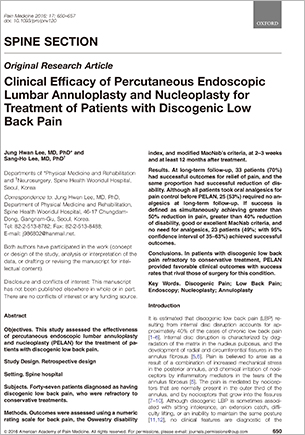 Clinical efficacy of percutaneous endoscopic lumbar annuloplasty and nucleoplasty for treatment of patients with discogenic low back pain
